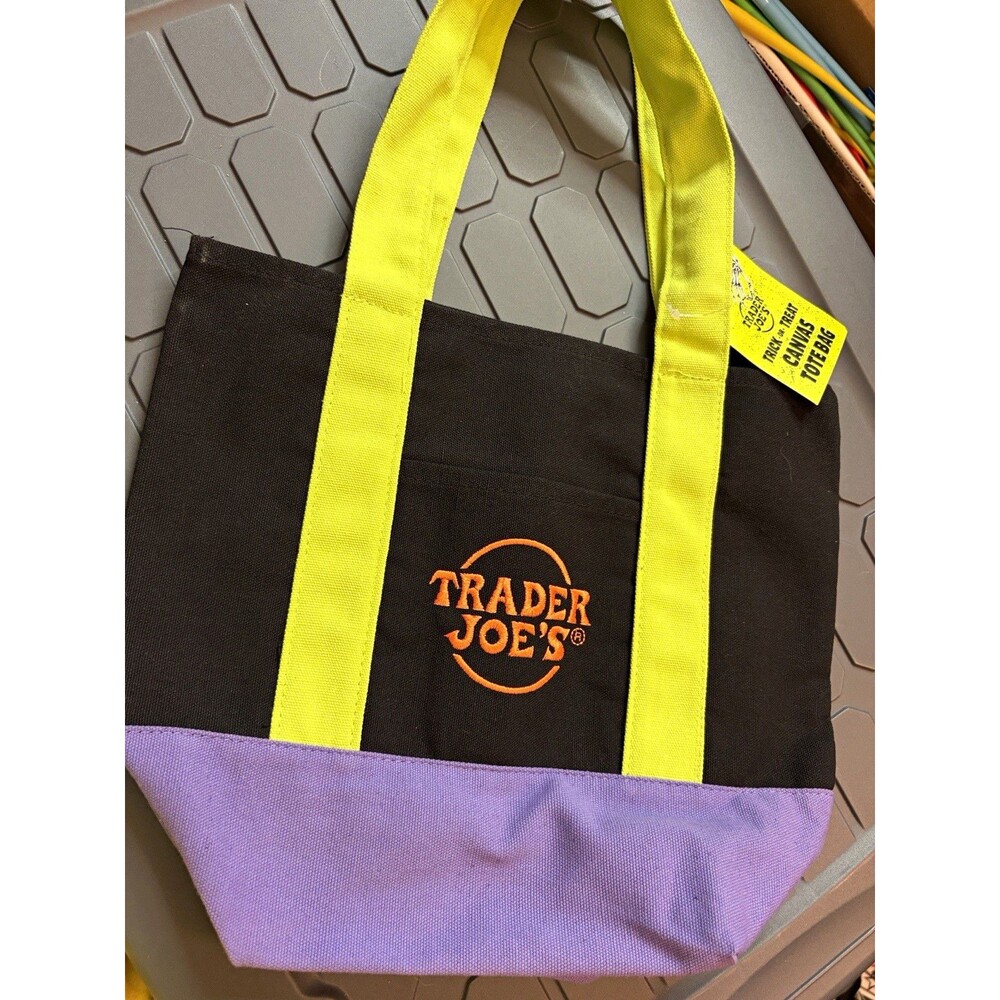 Trader Joe's Canvas Tote Bag Colorblock Black/Yellow/Purple/Orange 8x10